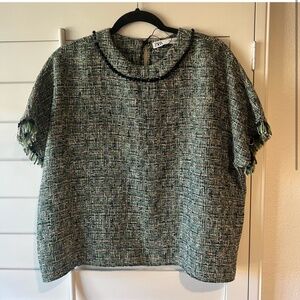 ZARA NEW Boxy Fit Tweed Blouse Top Green Pom Fringe S